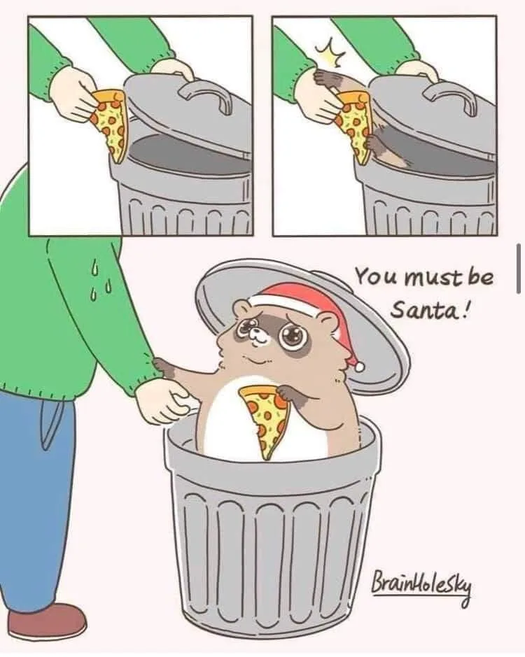 A comic strip shows a person in a green sweater trying to throw a slice of pizza into a trash can. In the top panels, a…