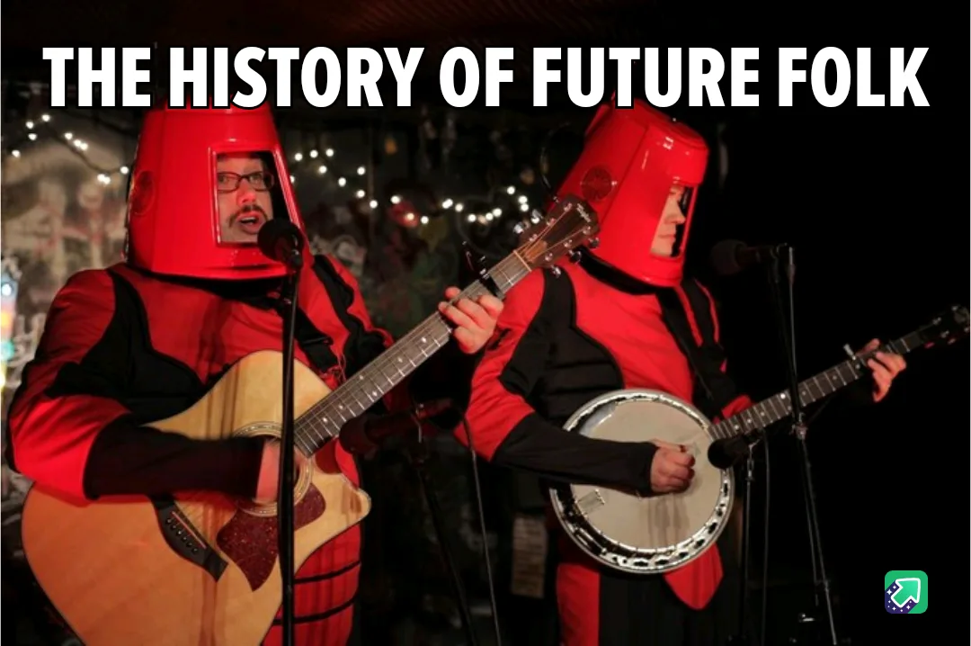 Two musicians wearing red, helmet-like headgear with face openings are playing acoustic instruments on stage. The person on…