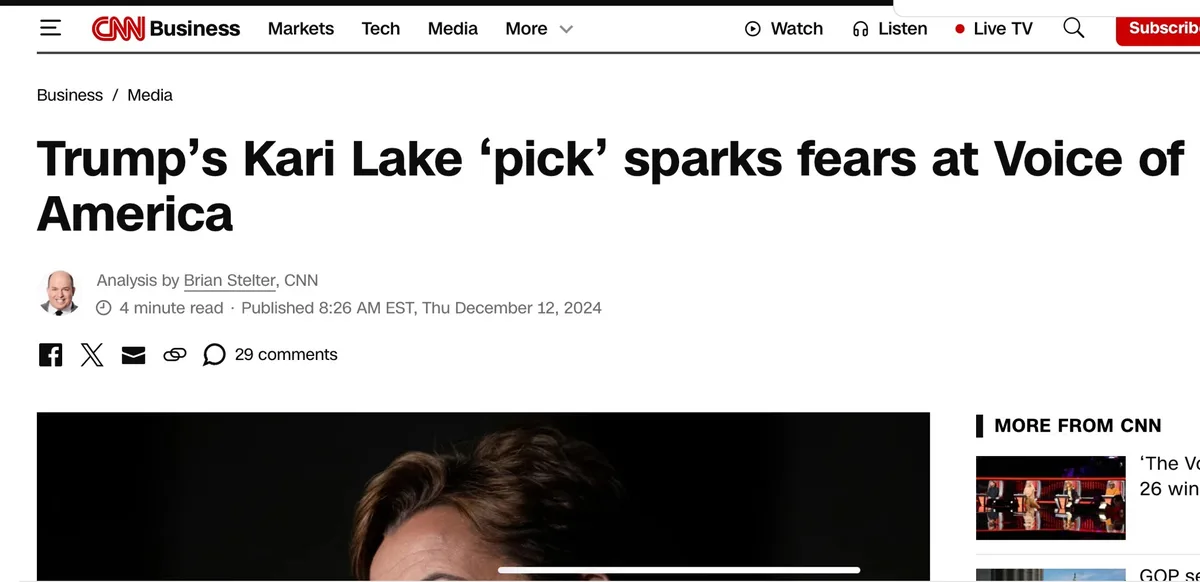 A screenshot of a CNN Business article titled 'Trump's Kari Lake 'pick' sparks fears at Voice of America,' authored by Brian…