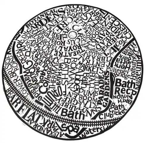 A black-and-white circular graphic resembling a manhole cover, densely packed with text listing various landmarks and…