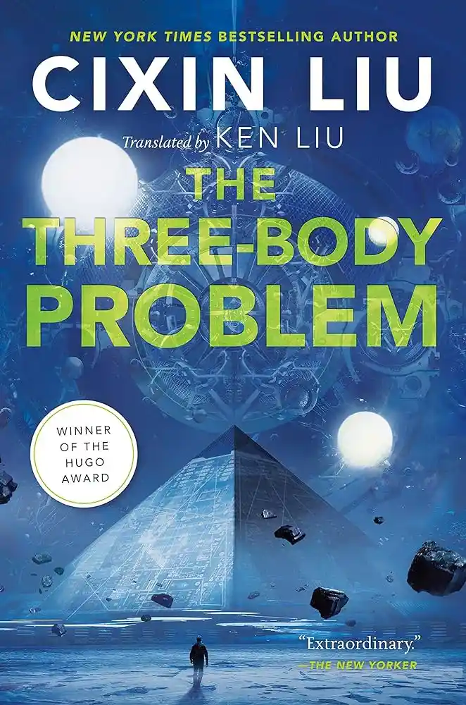 The image is the book cover for 'The Three-Body Problem' by Cixin Liu, translated by Ken Liu. It features a lone figure…