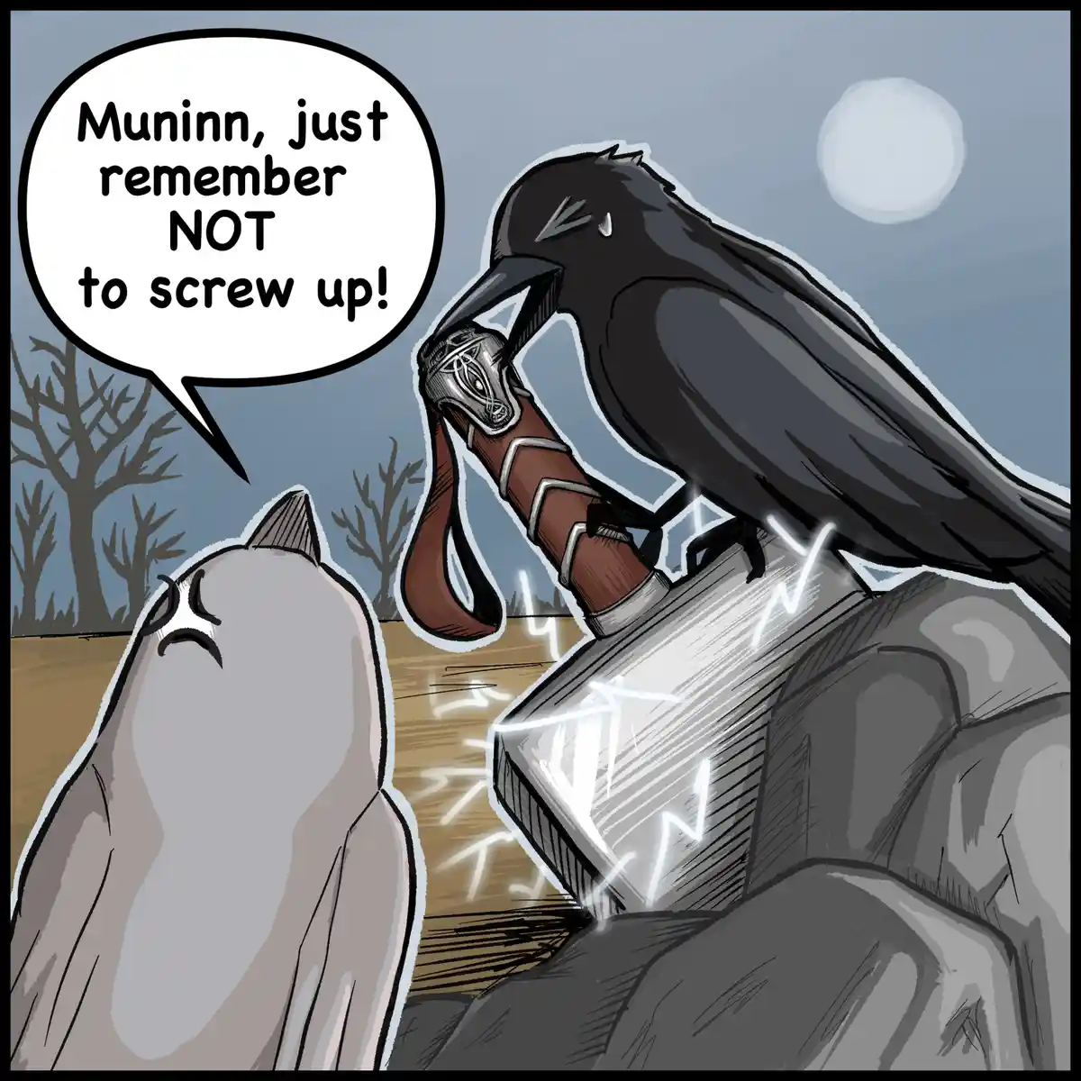 A cartoon illustration shows a black raven perched on a glowing, rune-inscribed stone block, holding a brown and…