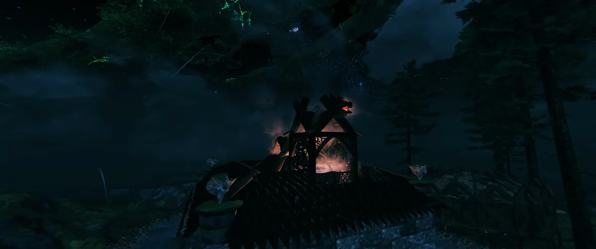 A dark, stylized dragon with a house-shaped structure on its back, glowing with fire inside, set against a starry night sky…