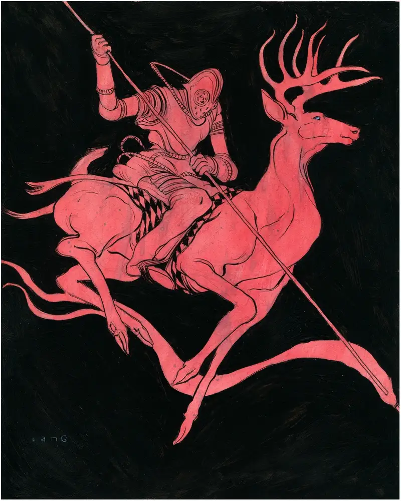 a stylized illustration shows a knight in armor riding a deer with large antlers against a black background, both rendered…