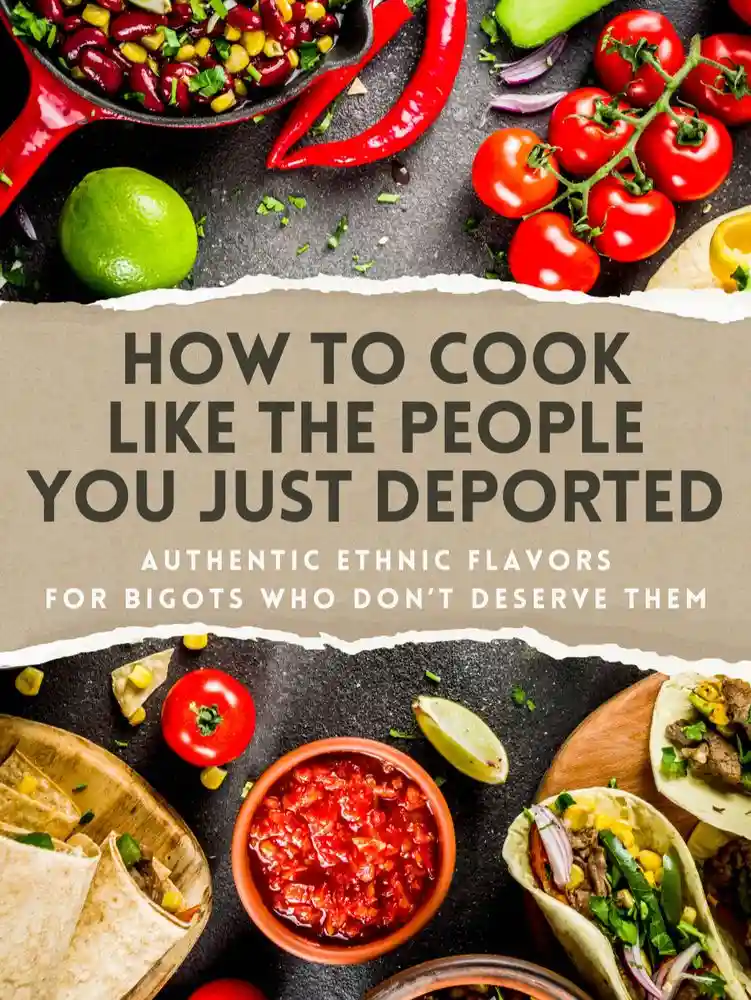 An image of vibrant Mexican food ingredients and dishes like tacos, salsa, tomatoes, and chilies is split by a torn-paper…
