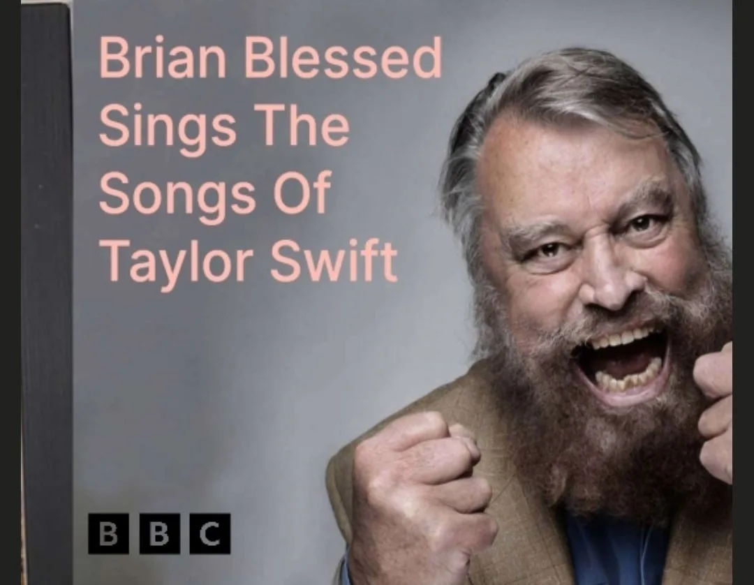 An image of Brian Blessed with a wild, excited expression, fists clenched, overlaid with the text 'Brian Blessed Sings The…