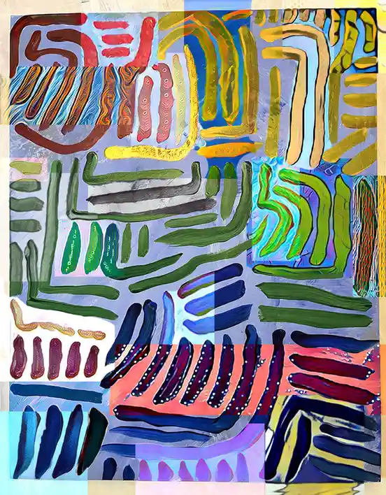The image is an abstract, colorful painting composed of various textured brushstrokes and shapes in blocks of red, yellow…