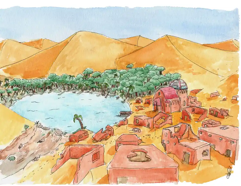 A watercolor painting depicts a desert oasis with a blue lake surrounded by green palm trees, with red-orange buildings…
