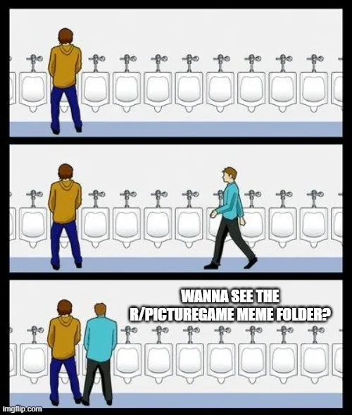 A three-panel comic strip shows a man in a yellow hoodie standing at a row of urinals. In the second panel, another man in a…