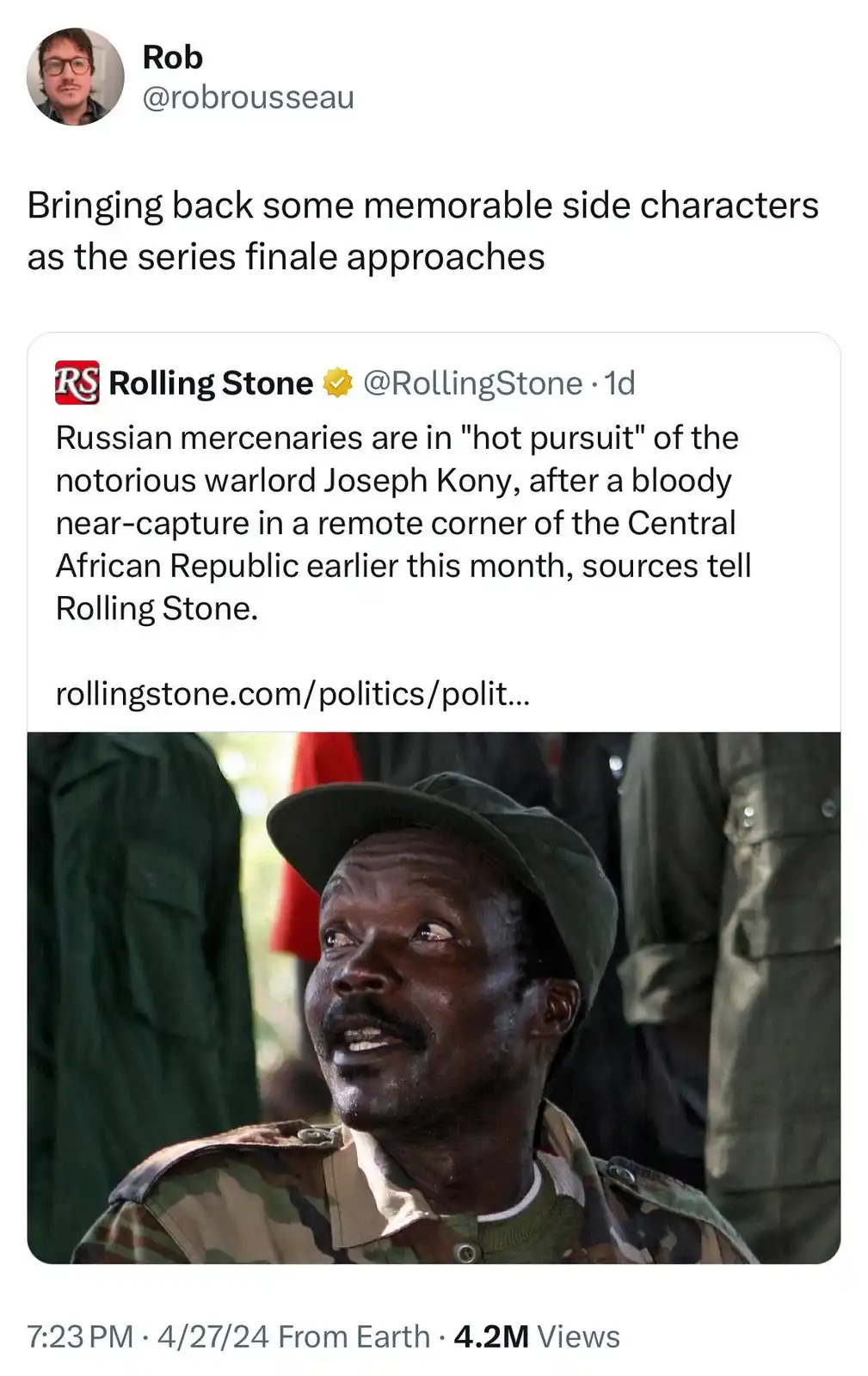 A screenshot of a tweet from Rolling Stone reporting that Russian mercenaries are in hot pursuit of warlord Joseph Kony…