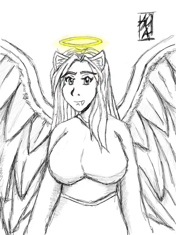 A sketch of a female anime-style character with large angel wings, a yellow halo, and cat ears, but with fangs visible and a…