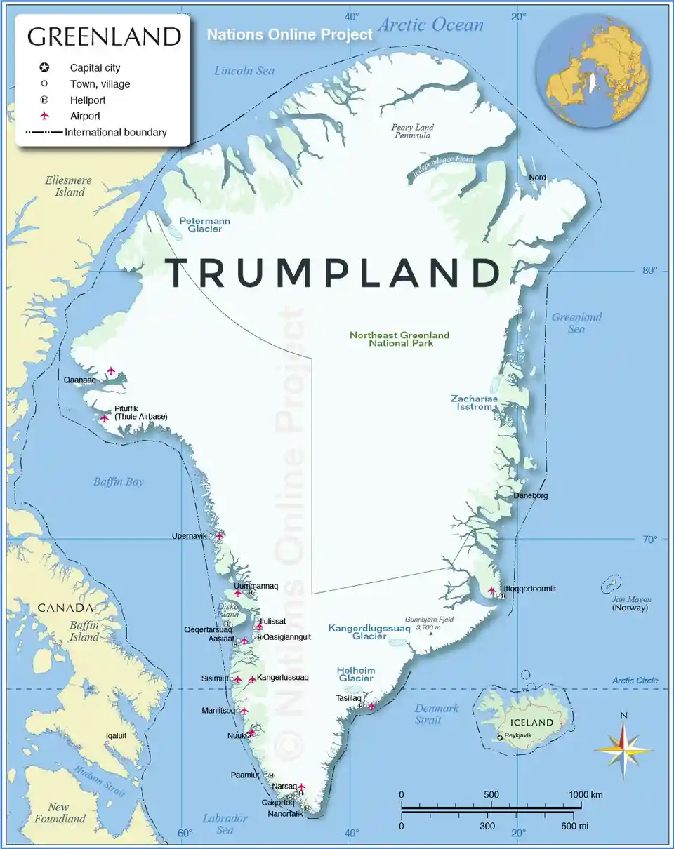 A map of Greenland with the word 'TRUMPLAND' superimposed over the entire country, replacing its original name. The map…