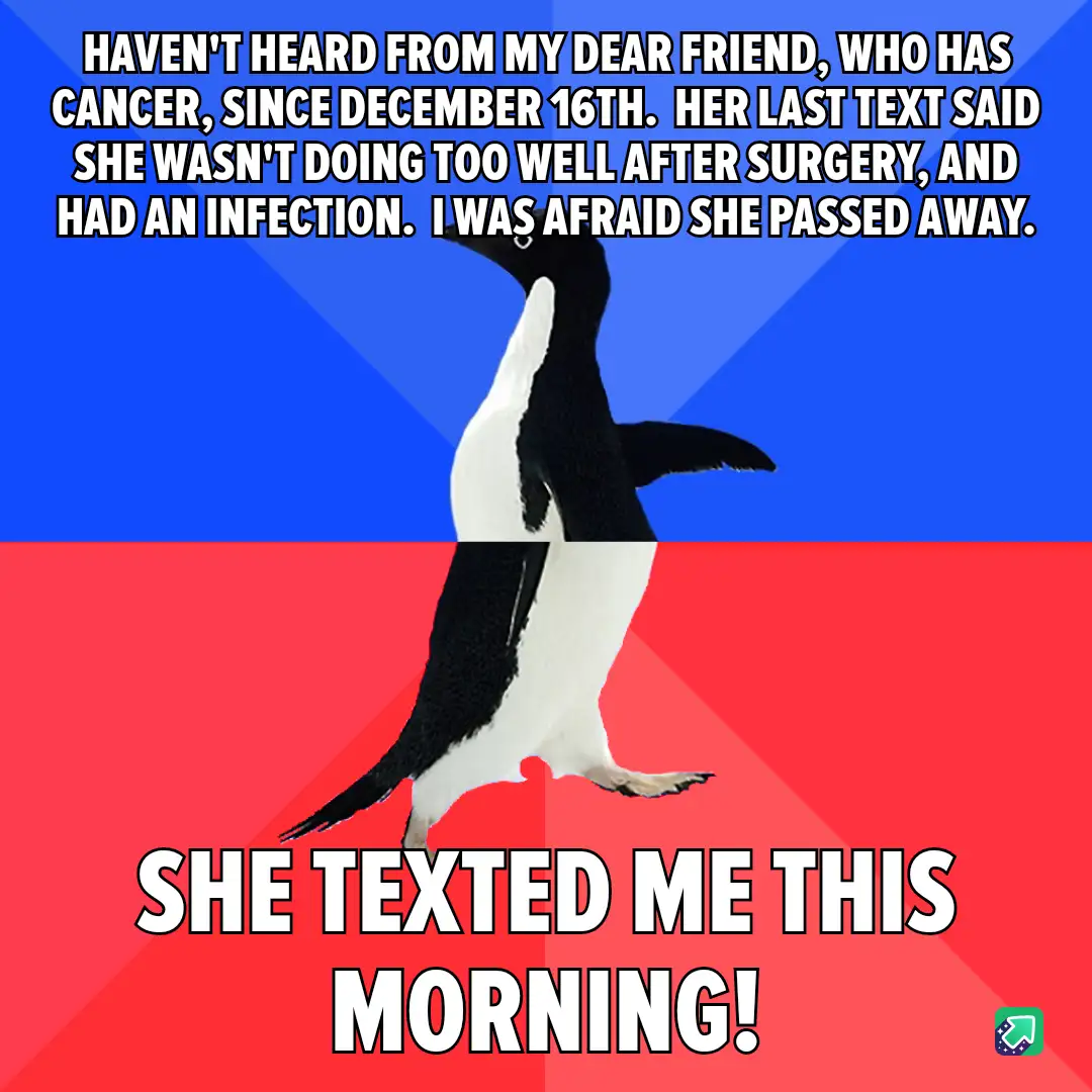 A penguin stands centered against a blue and red background, with white text overlaid in two sections. The top text reads…
