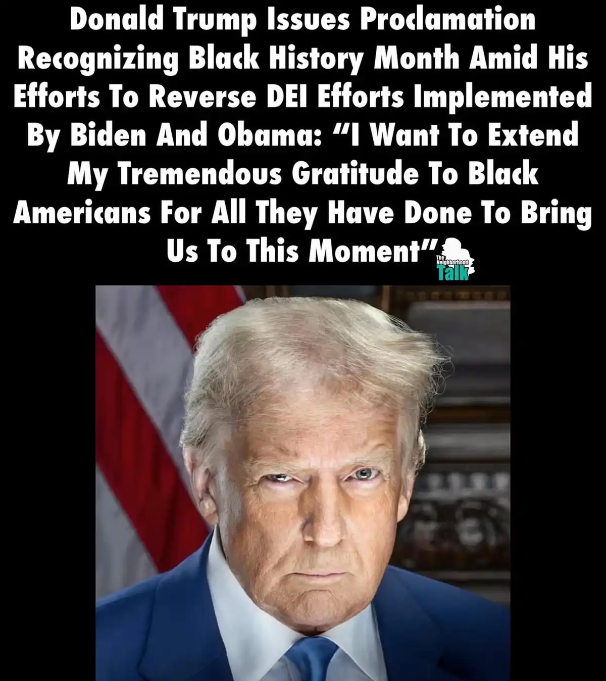 A close-up photo of Donald Trump with a stern, unimpressed facial expression, wearing a blue suit and tie, with an American…