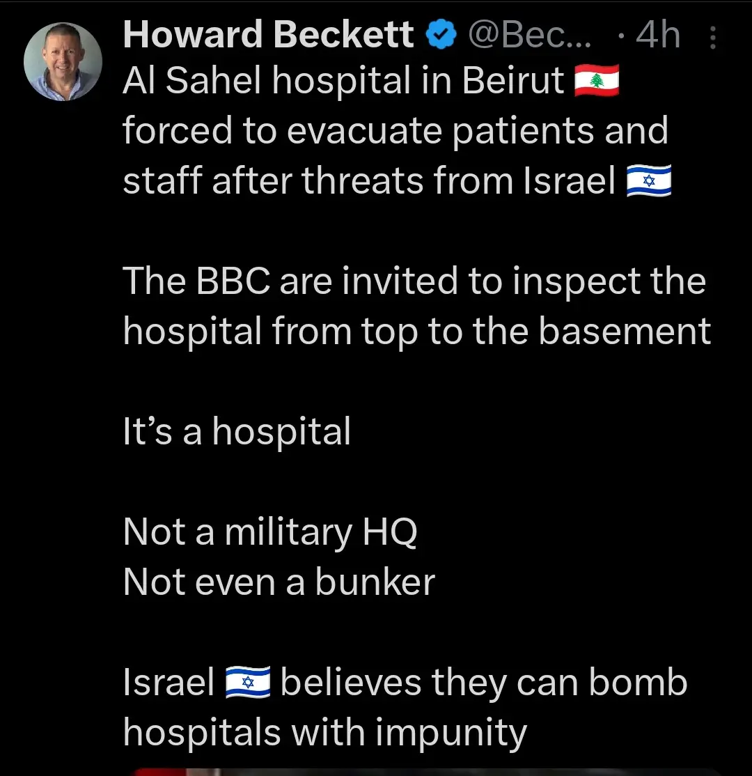 A screenshot of a tweet by Howard Beckett showing a black background with white text. The text details the evacuation of Al…