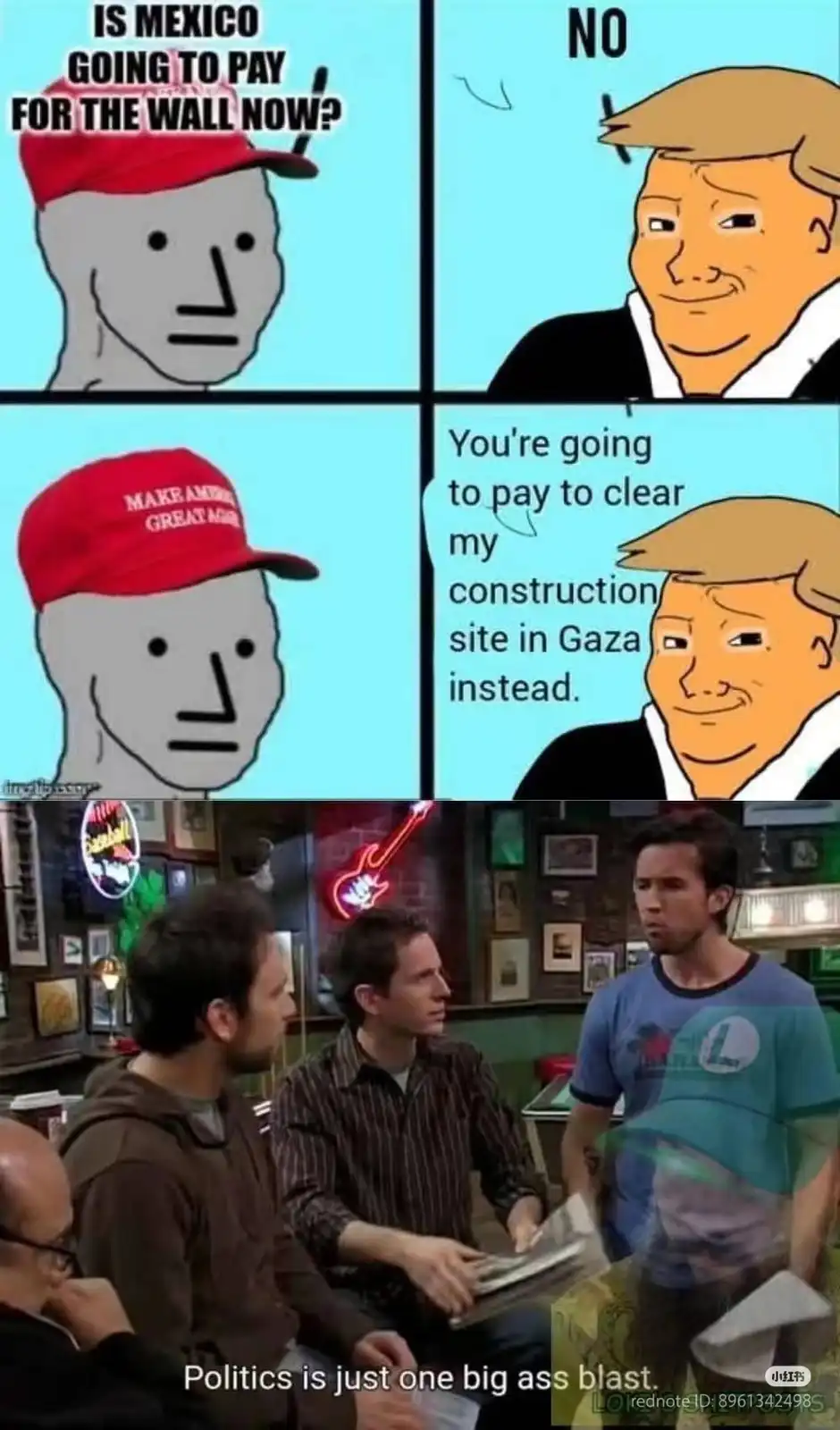 A four-panel meme featuring a gray stick figure with a red 'MAKE AMERICA GREAT AGAIN' cap asking if Mexico will pay for the…