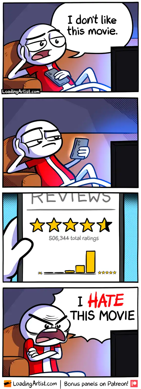 A four-panel comic shows a person watching a movie, initially saying they don't like it. They then check the reviews on…