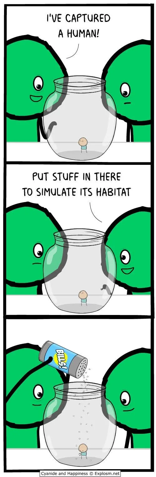 Three panels show two green cartoon aliens observing a tiny human in a glass jar. In the first, they exclaim they've…
