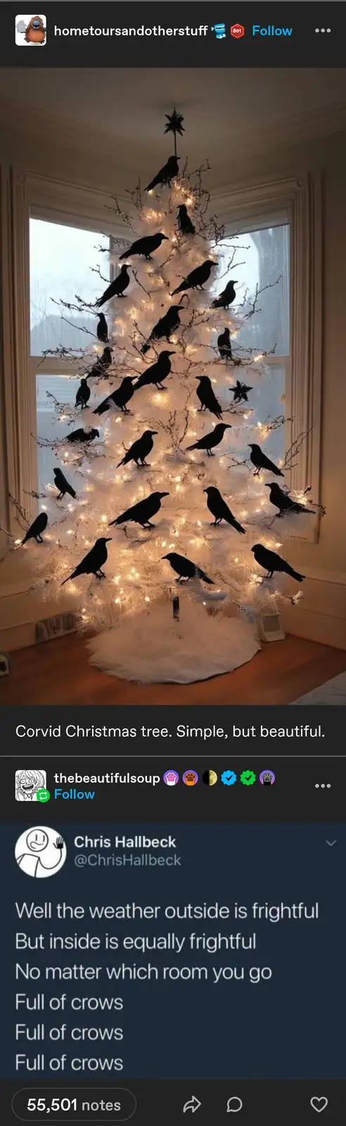 A white, lit Christmas tree decorated with numerous black crow silhouettes instead of traditional ornaments, with a star…