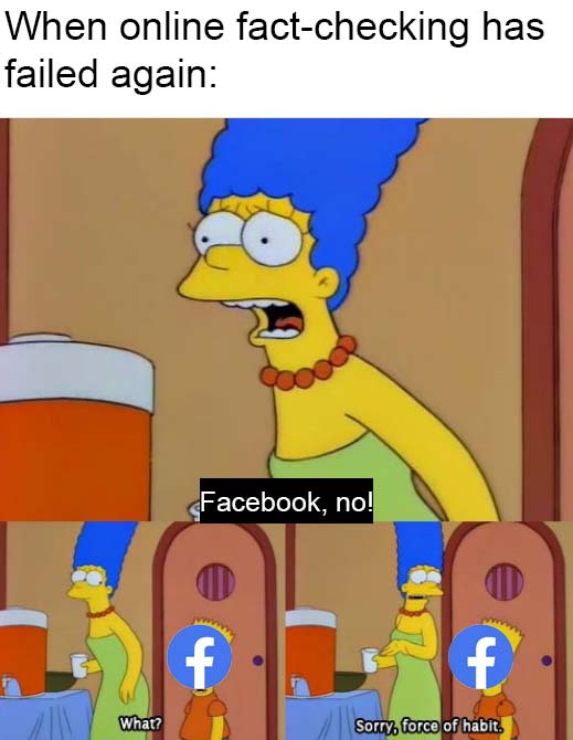 The image shows Marge Simpson in a state of shock with her mouth open, overlaid with the text 'When online fact-checking has…