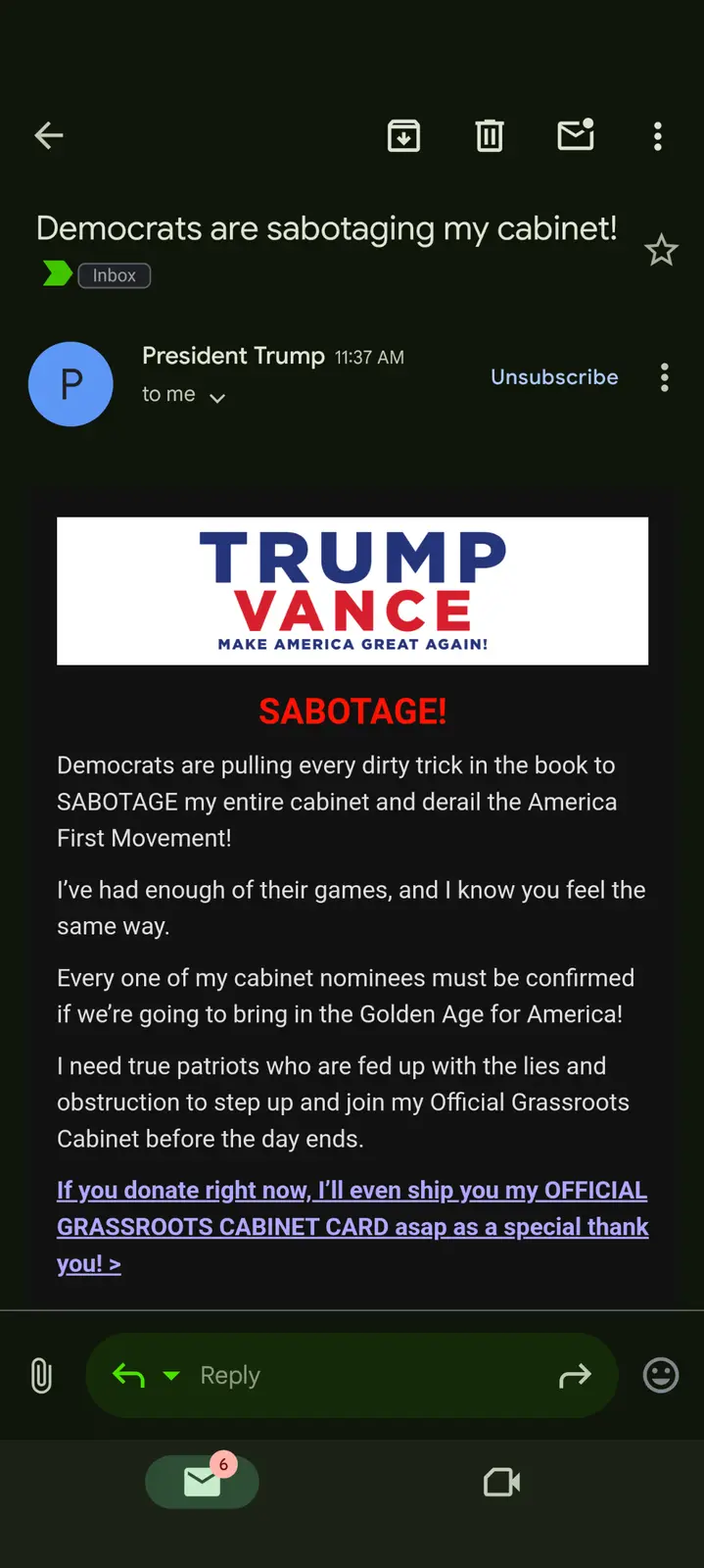 An email screenshot from 'President Trump' with a subject line 'Democrats are sabotaging my cabinet!' and a header image for…