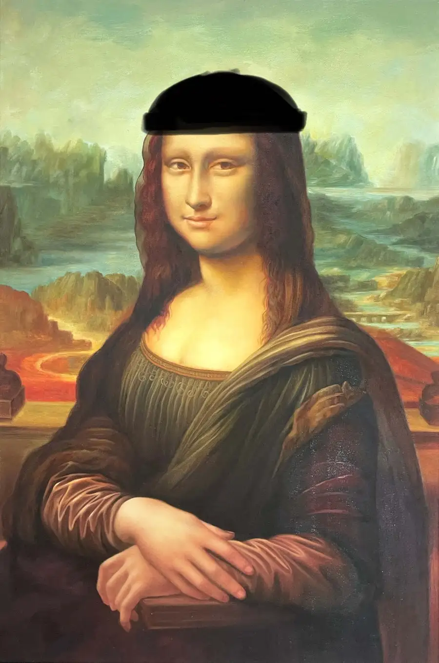 The Mona Lisa painting has a black beret digitally added to her head, and the text 'i'm not a fan of the beret' is overlaid…