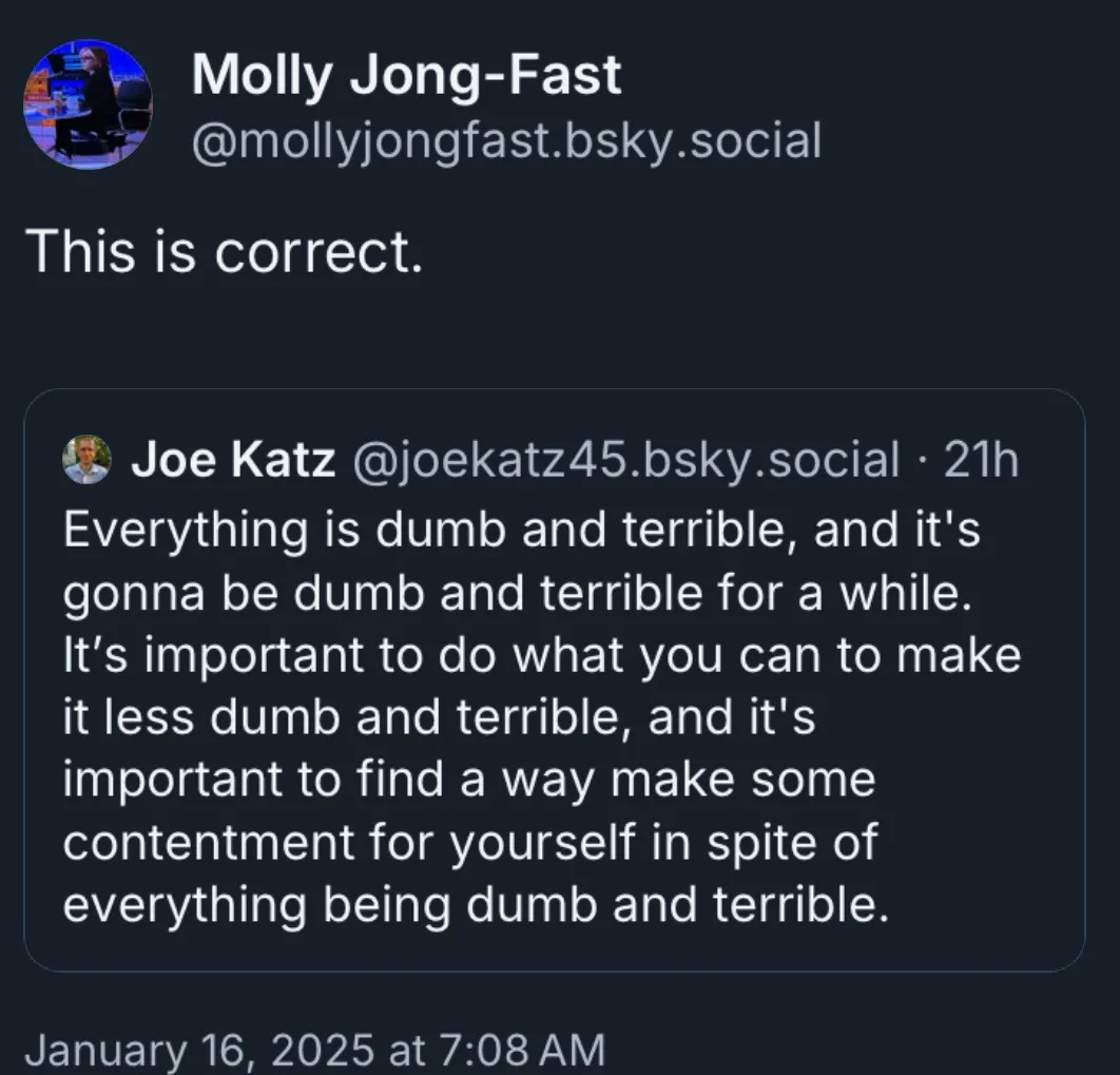 A screenshot of a social media post by Molly Jong-Fast replying to a tweet by Joe Katz. Joe Katz's tweet reads: 'Everything…