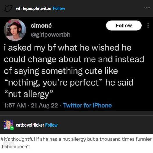 A screenshot of a Twitter thread shows a user named Simone sharing that her boyfriend responded to her question about what…