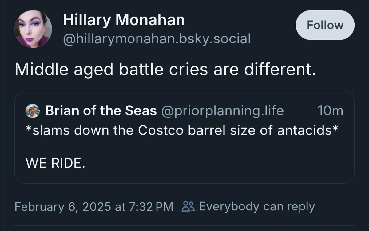 A screenshot of a social media post by Hillary Monahan, who states 'Middle aged battle cries are different.' Below it, a…