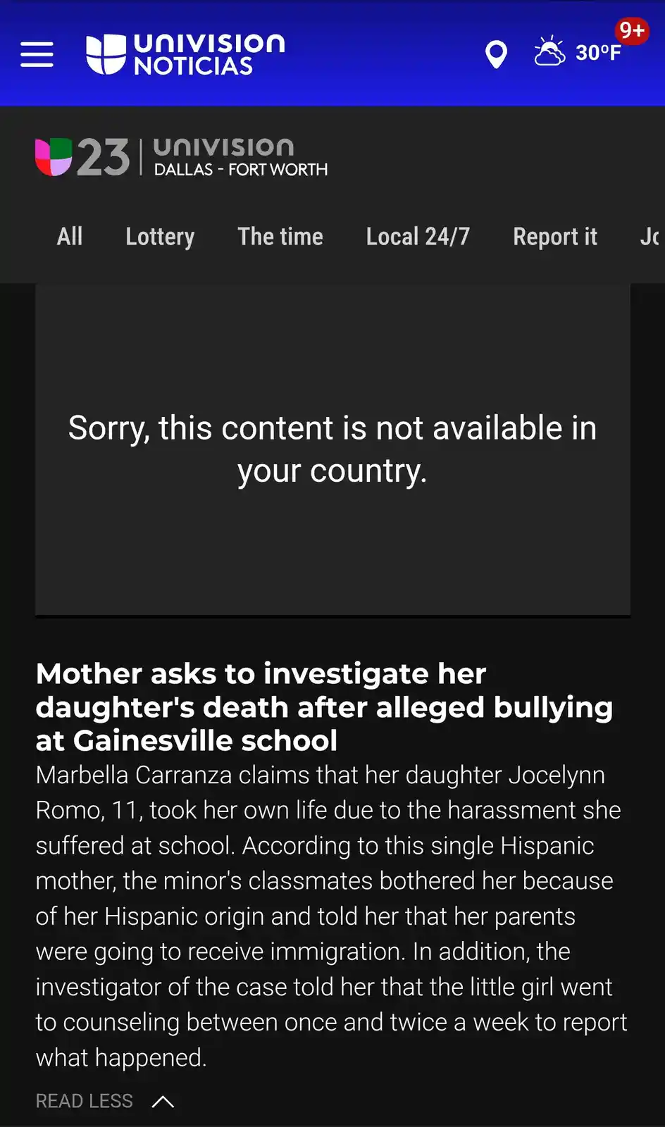 A screenshot of a Univision Noticias news article about a mother investigating her daughter's death after alleged bullying…