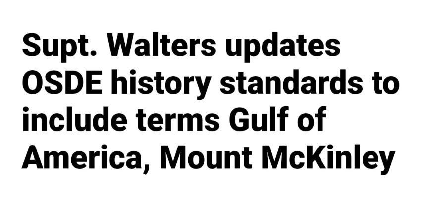 The image is a plain white background with bold black text that reads: 'Supt. Walters updates OSDE history standards to…