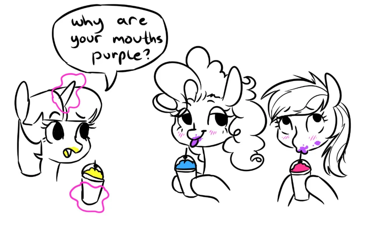 A black-and-white cartoon drawing shows three pony-like characters. The pony on the left, outlined in pink, asks 'why are…
