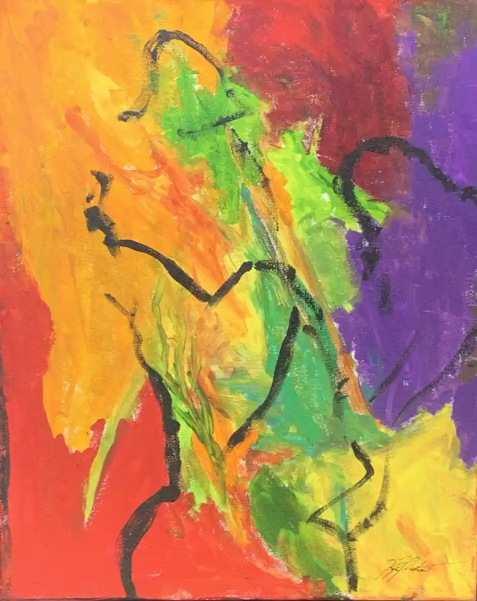 An abstract painting with bold, swirling brushstrokes of orange, red, green, and purple, outlined in black. The overlaid…