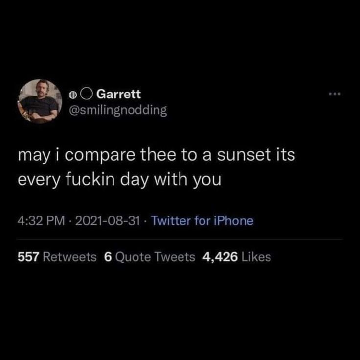 A screenshot of a Twitter post by user Garrett (@smilingnodding) showing a dark-themed interface. The tweet reads 'may i…
