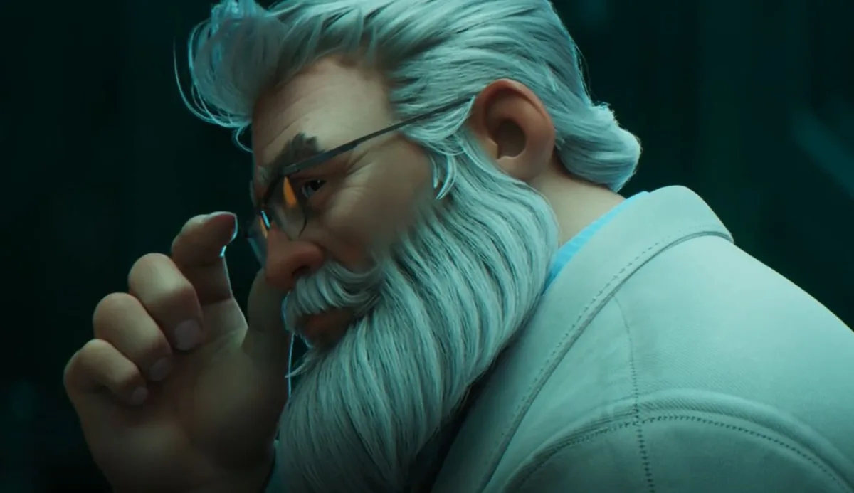 A close-up of an animated elderly man with white hair and beard, wearing glasses and a white lab coat, looking down and to…