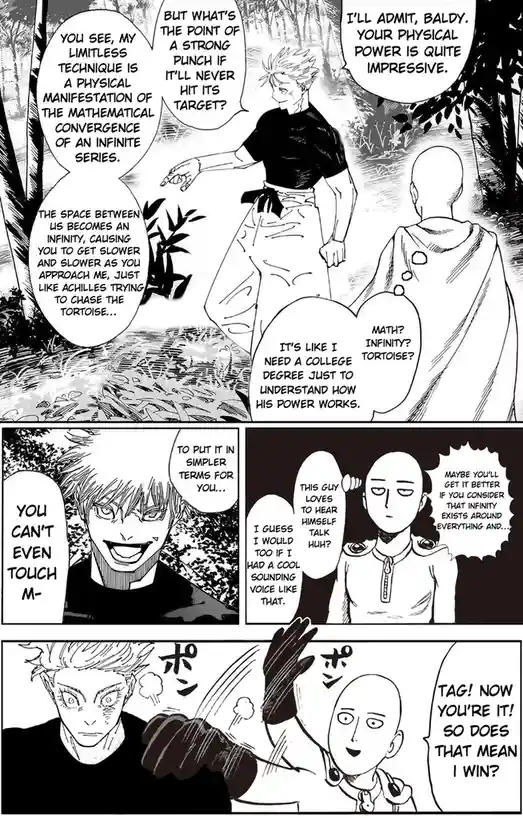 A black-and-white manga panel shows a spiky-haired man explaining his 'limitless technique' using complex math and the…