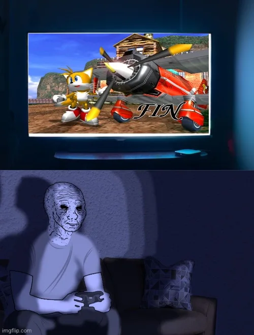 A split image shows a TV screen displaying a video game scene with the character Tails standing next to a red and black…