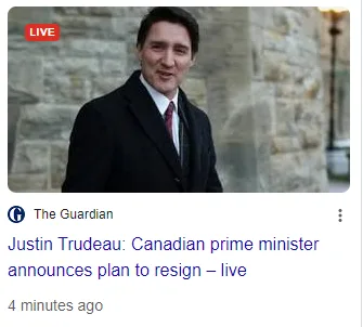 A screenshot of a live news broadcast from The Guardian shows Canadian Prime Minister Justin Trudeau smiling while wearing a…