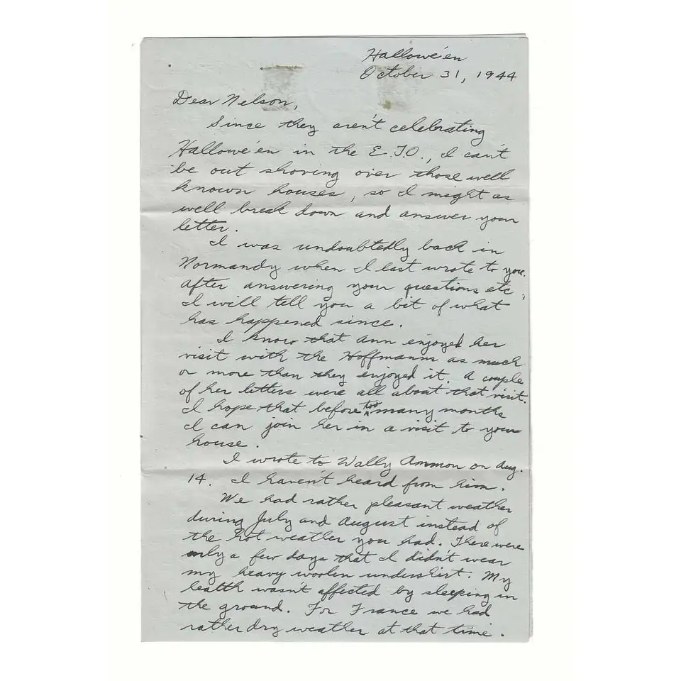 A handwritten letter dated Halloween, October 31, 1944, addressed to 'Nelson' from a soldier in the European Theater of…
