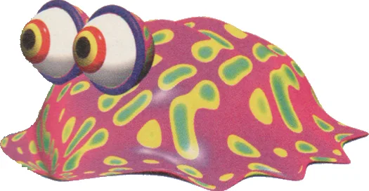 A cartoonish pink slug with large, bulging googly eyes and green-yellow splotches on its body, overlaid with the text 'i'm…