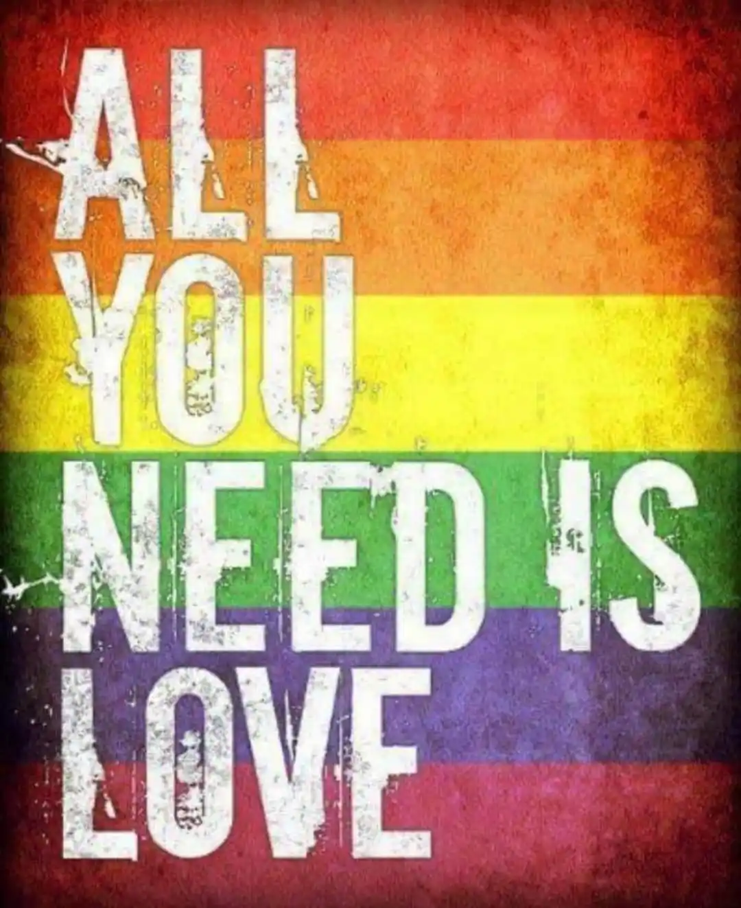 The image displays a rainbow flag with a distressed, weathered texture, overlaid with large, white, chipped text that reads…