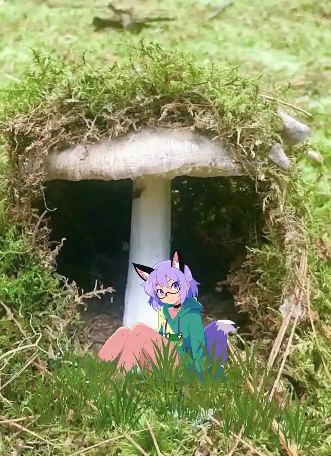 An anime-style girl with purple hair, cat ears, and glasses sits cross-legged in front of a large, moss-covered mushroom…