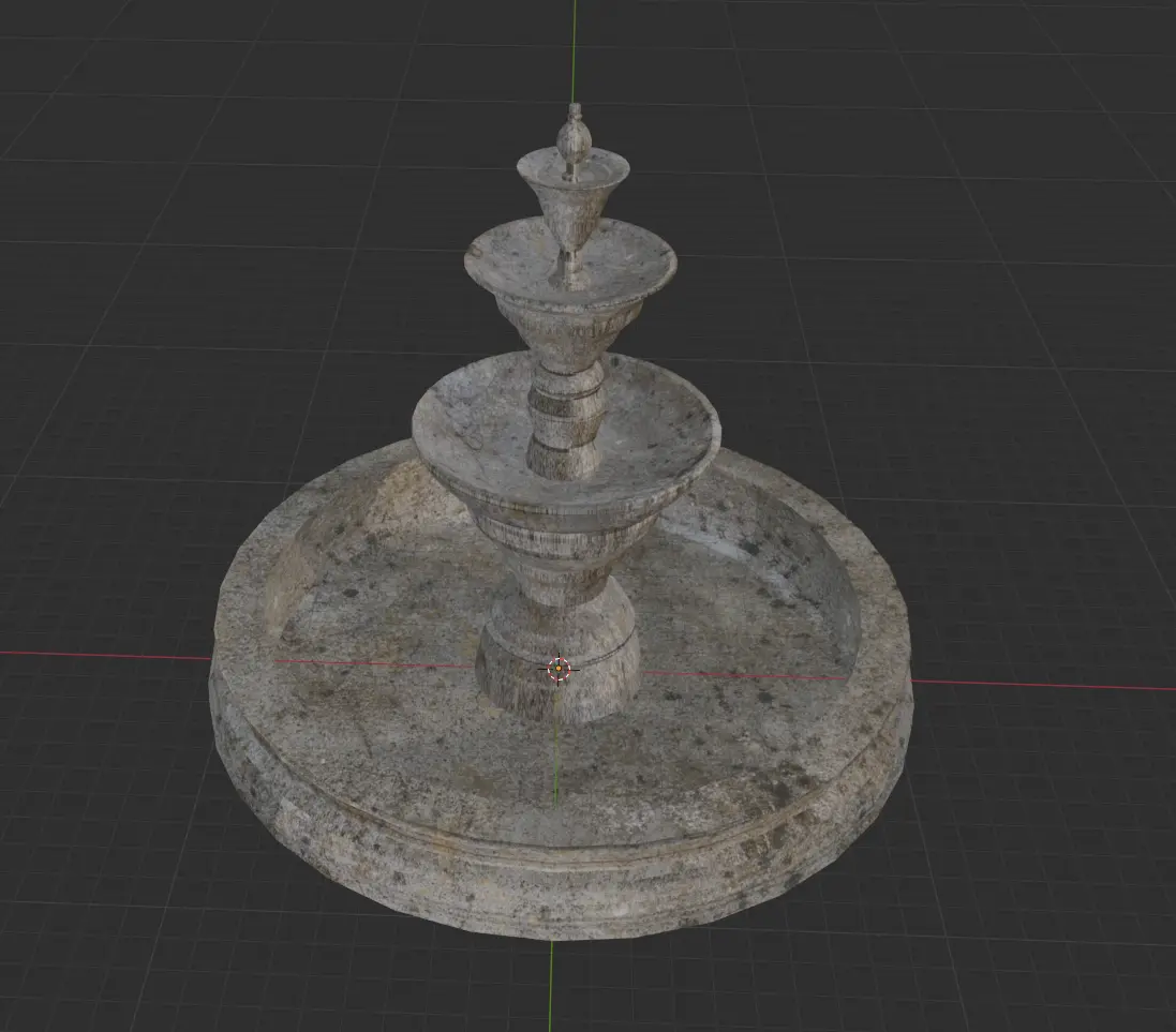 A 3D rendered stone fountain model with multiple tiers sits on a dark grid background, overlaid with 3D modeling axis lines…