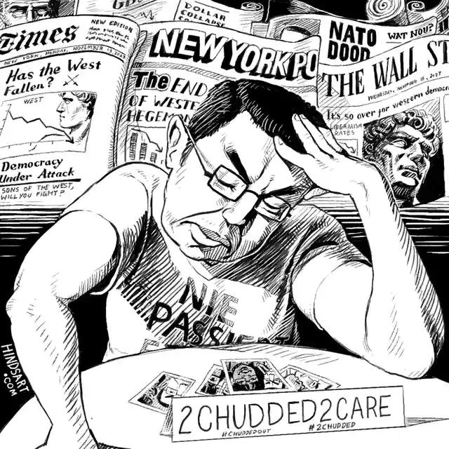 A black-and-white cartoon depicts a man in a tank top with 'NIE PASS' written on it, holding his head in despair while…