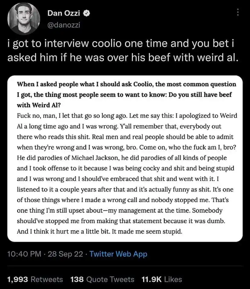 A screenshot of a tweet by Dan Ozzi showing a quote from Coolio where he admits he was wrong for having a beef with Weird…