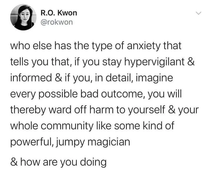 A screenshot of a tweet by R.O. Kwon (@rokwon) with black text on a white background. The tweet describes a specific type of…