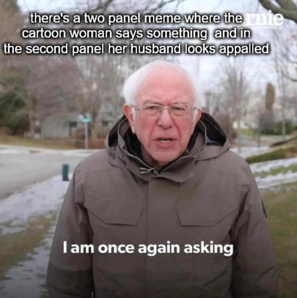 The image shows Bernie Sanders speaking outdoors in a winter coat, with text overlaid that describes a common two-panel meme…