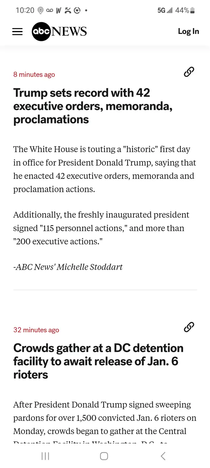 A screenshot of an ABC News mobile app showing two headlines. The first, posted 8 minutes ago, reports that President Donald…
