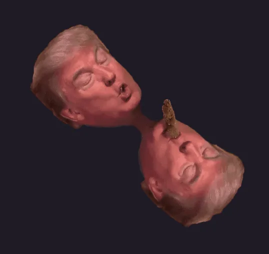 The image displays six distorted, floating 3D renderings of Donald Trump and Joe Biden's heads, each with a marijuana leaf…