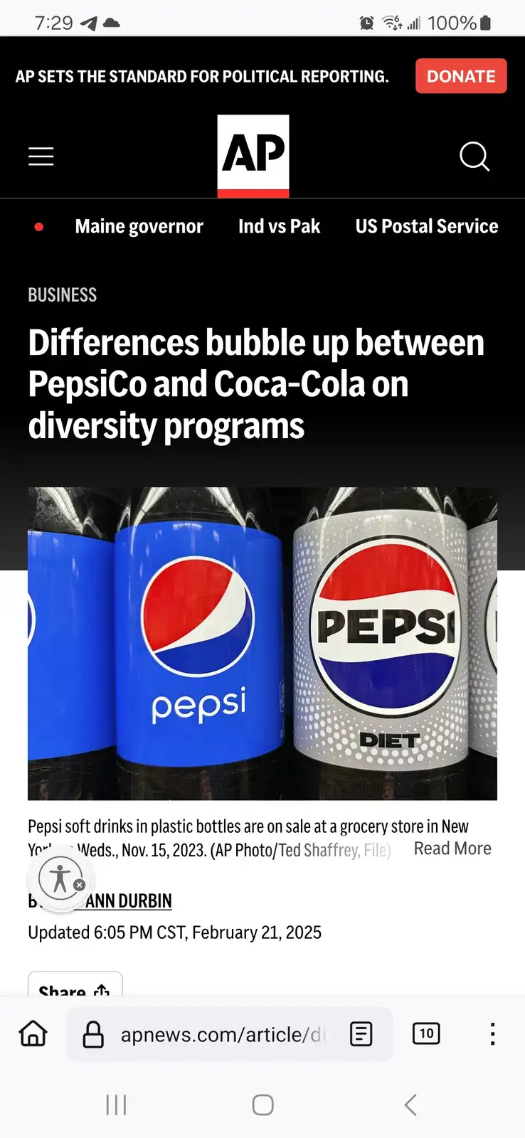 A screenshot of an Associated Press news article about PepsiCo and Coca-Cola's diversity programs, featuring a photo of…